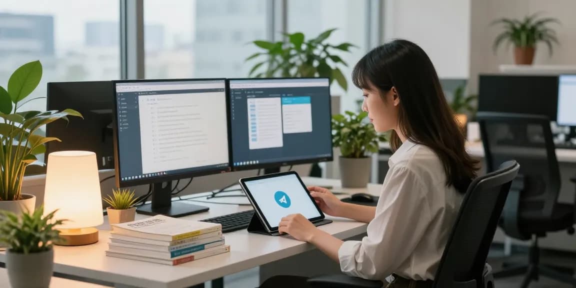Using the telegram chinese telegram app in a modern office setting with design elements and productivity tools.