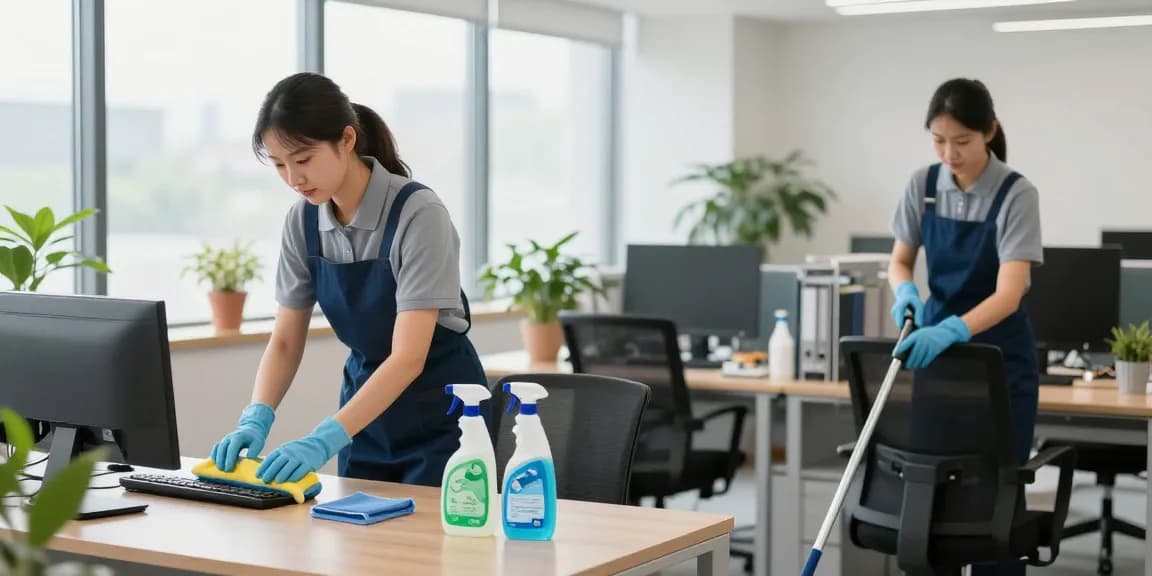 Unterhaltsreinigung in einem modernen Büro: Reinigungskräfte bei der Arbeit mit umweltfreundlichen Produkten.