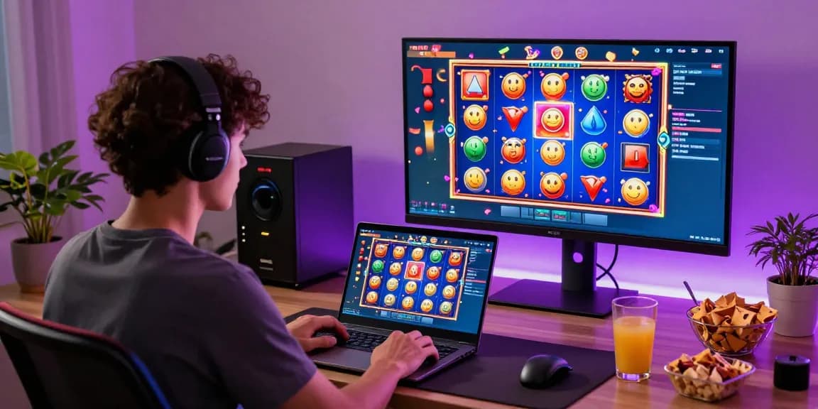 Engaged player enjoying kecak4d online slot gaming in a modern home office.