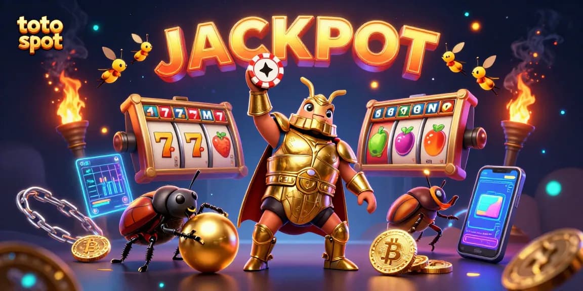 Engage with the thrilling toto slot experience featuring a victorious beetle and dynamic casino elements.