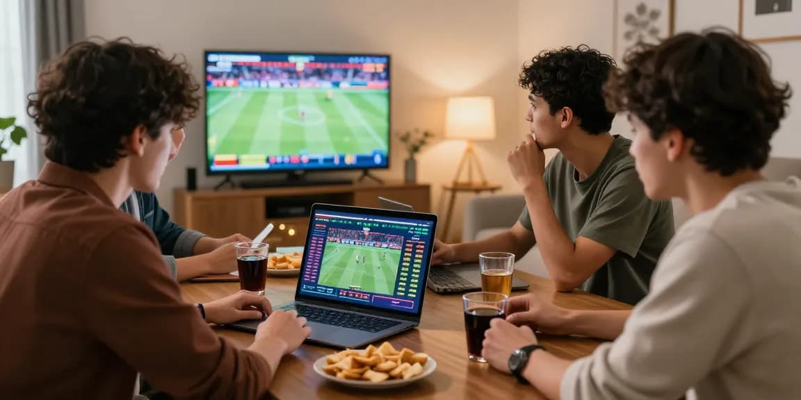Friends enjoying newbet4d online betting experience in a cozy living room with snacks and live sports.