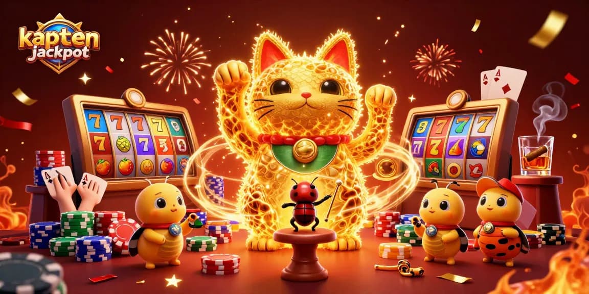 Experience the thrill of kaptenjackpot with a vibrant 3D scene of a lucky cat in a casino.