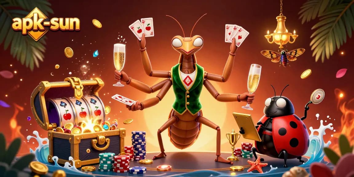 Engage with apk-sun's vibrant casino scene showcasing card games, vibrant characters, and dynamic atmosphere.