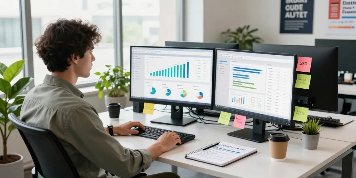 Professional workspace showcasing SEO backlink services analytics and strategies with multiple screens and notes.