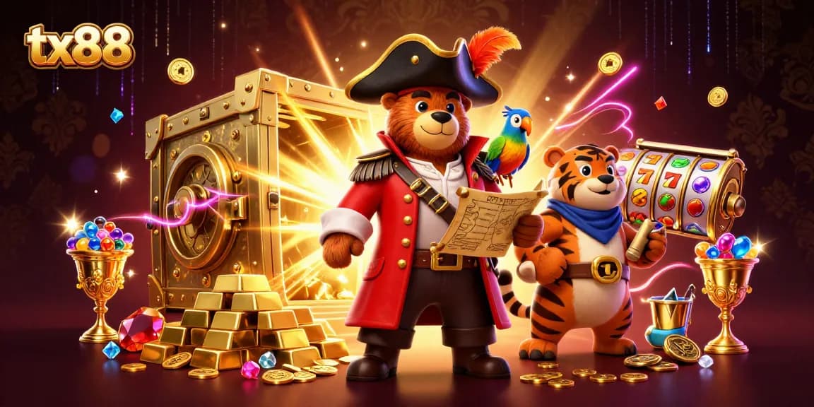 Experience thrilling adventures with tx88 as cartoon pirate captain bear and friends explore dazzling treasures.