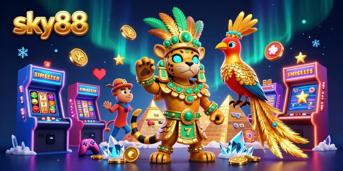 Engage with sky88's vibrant slot adventure featuring Mayan characters and dynamic casino elements.