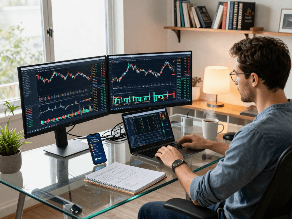 TradingView platform displayed on multiple screens in a professional trading workspace