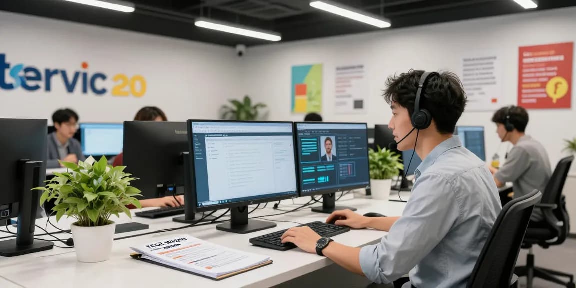 Customer service representative providing Telus-Technical-Support in a modern tech support center.