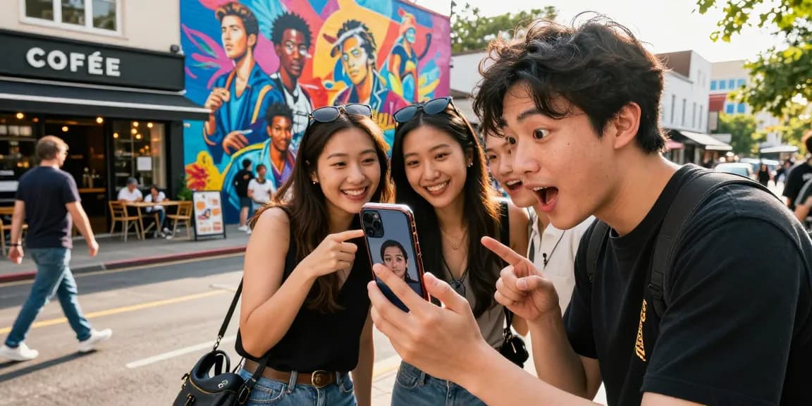 Exciting urban setting where a person discovers celebrities that look alike using an AI app.