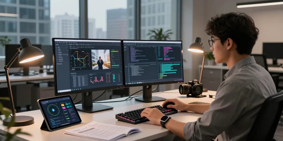 Detect AI image in a modern workspace featuring a professional analyzing content with advanced AI detection tools and vibrant screens.