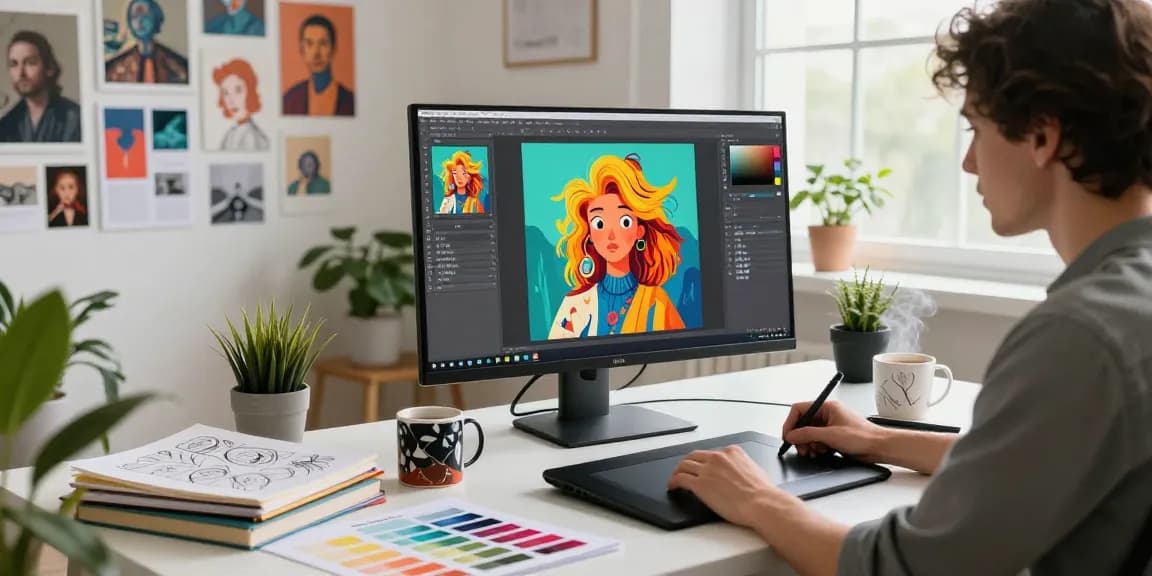 Digital artist using nano banana 2 software to create vibrant AI-generated images in a modern workspace.