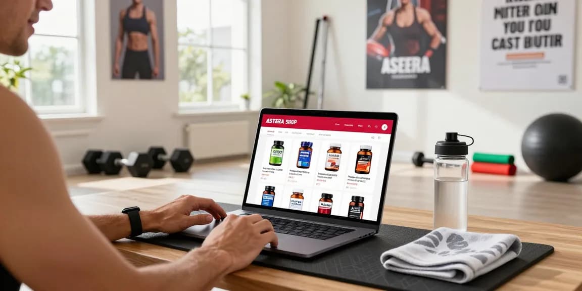 Fitness enthusiast shopping at Astera Shop for premium steroids in a modern home gym.