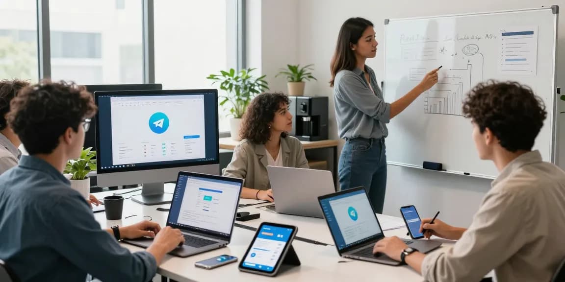 Collaboration scene featuring young professionals discussing telegramin-cn.com in a modern tech workspace.