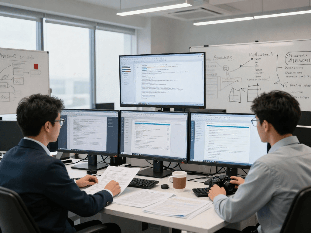 Document fraud detection analysis in modern workspace with detailed dashboards