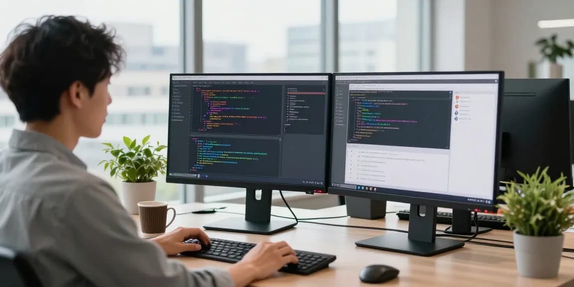 Developer coding on dual monitors with 纸飞机中文版 chat interface in a modern workspace