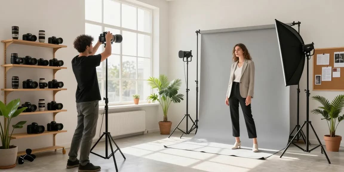 Photographe Commercial en studio, avec éclairage professionnel et modèle en tenue d'affaires.