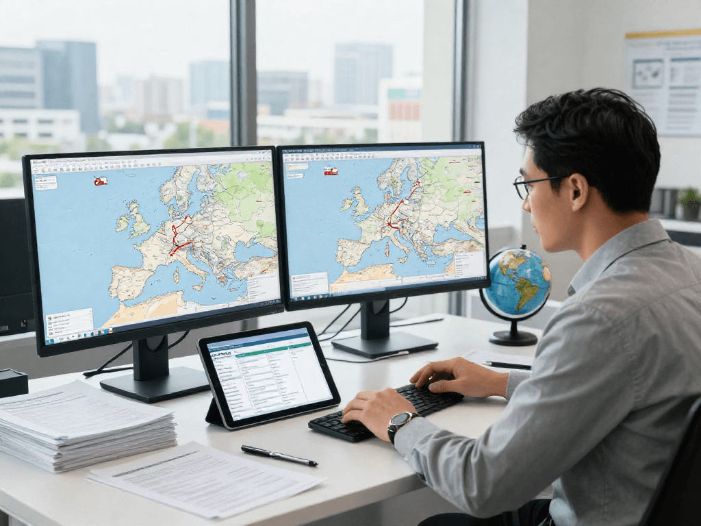 Internationaler Transport Dortmund in einem modernen Büro mit einem Logistikkoordinator, der Routen analysiert
