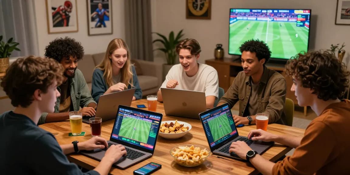 Friends enjoying a virtual betting session on secure 토토사이트 platforms in a lively living room.