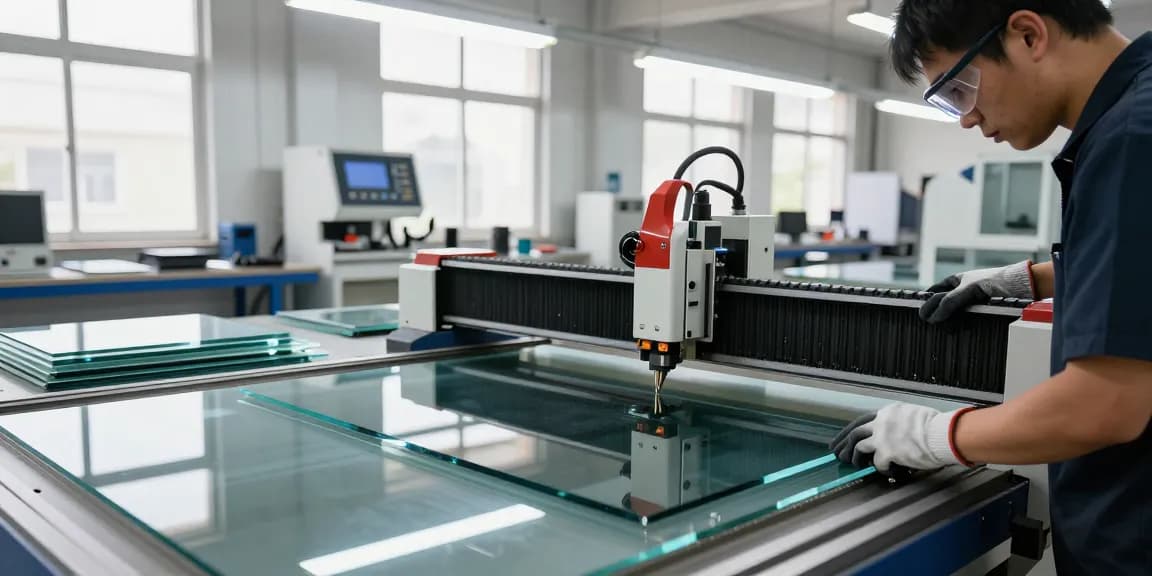 Technician efficiently using a glass cutting table in a bright industrial glass workshop