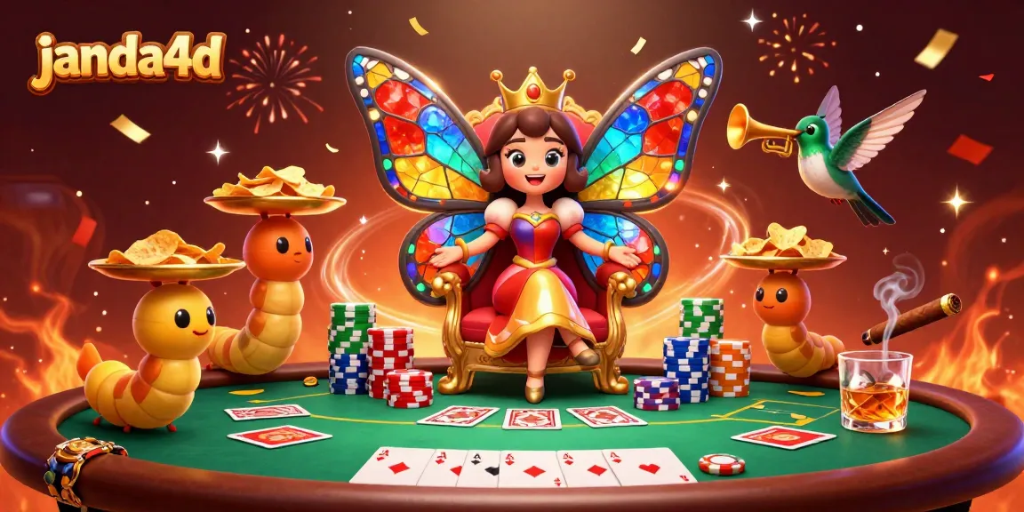 janda4d showcases a vibrant casino scene with a butterfly queen, poker elements, and dazzling effects.