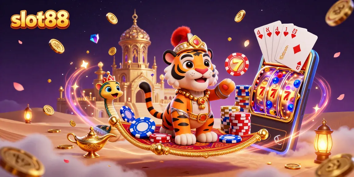 Slot88 menyajikan pengalaman judi slot dengan karakter sultan dan lampu genie dalam ilustrasi menarik.