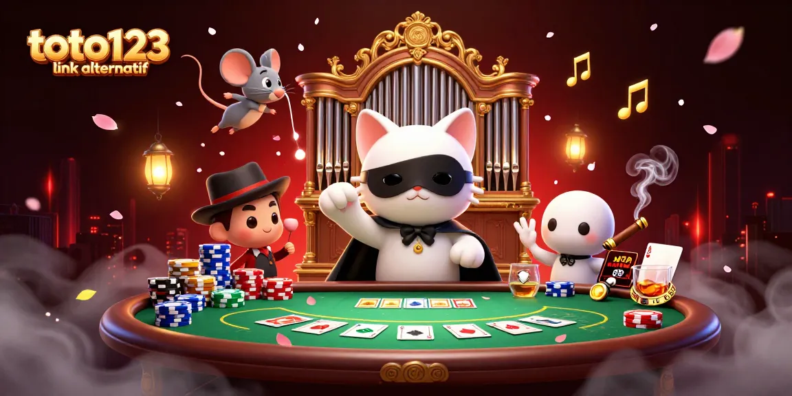 Toto123 link alternatif showcases a thrilling 3D casino scene with engaging characters and vibrant gaming elements.