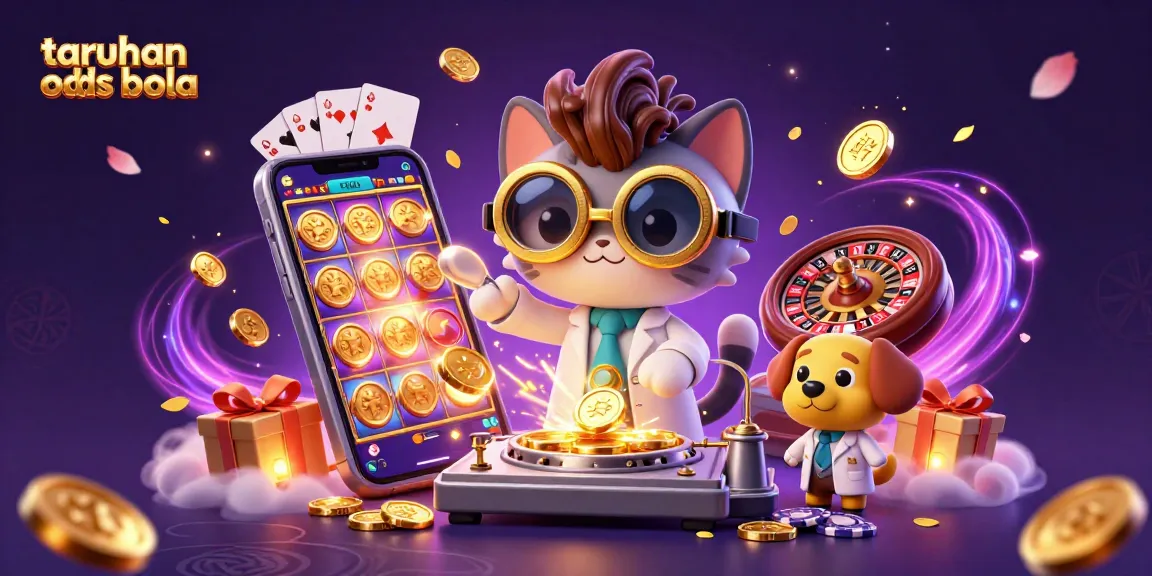 Engage in taruhan odds bola with a lively scene of a scientist cat and lab assistant dog, featuring dynamic casino elements.