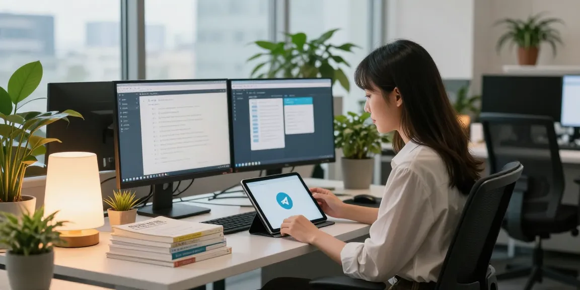 Using the telegram chinese telegram app in a modern office setting with design elements and productivity tools.
