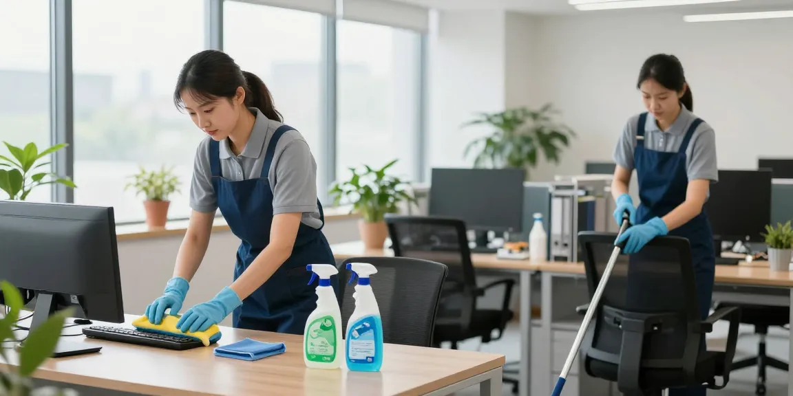 Unterhaltsreinigung in einem modernen Büro: Reinigungskräfte bei der Arbeit mit umweltfreundlichen Produkten.