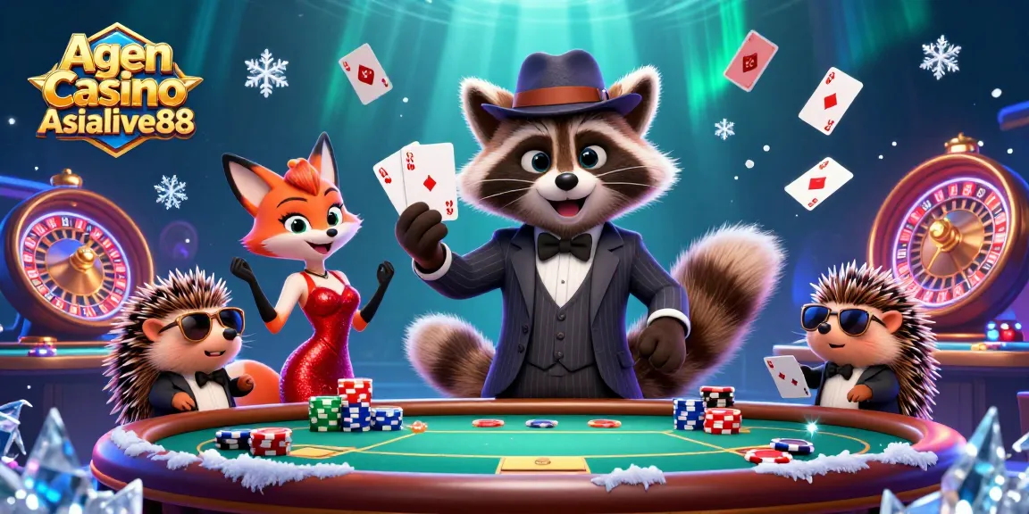 Agen Casino Asialive88 showcases a raccoon winning at poker, surrounded by lively casino elements