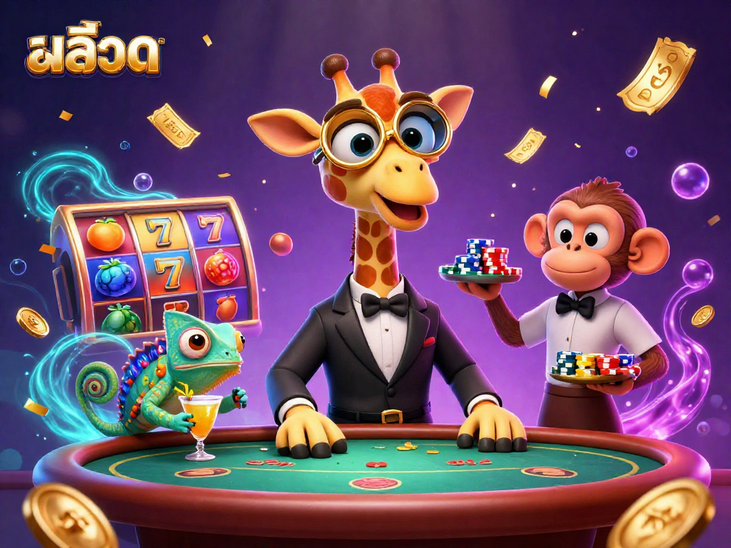 สล็อต action-packed illustration featuring a high-roller giraffe with colorful slot symbols and a dazzling background.