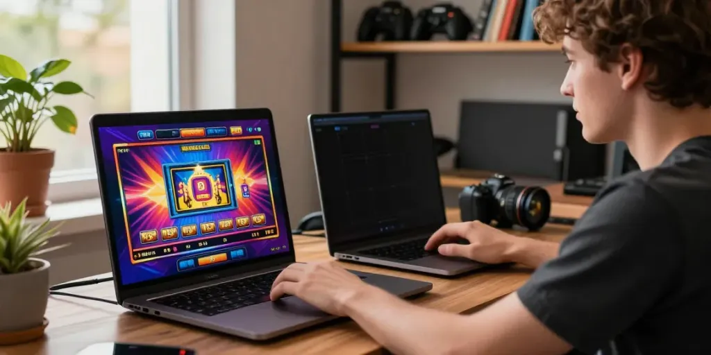 Permainan slot online dengan pemain fokus pada tampilan mesin slot, suasana gaming nyaman.