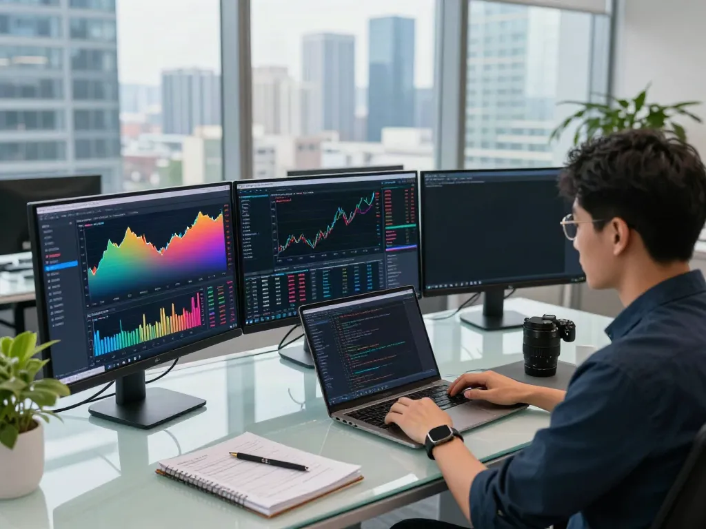 HKEX data API displayed on multiple monitors in a professional crypto trading setup, showcasing innovative trading strategies and market analysis.