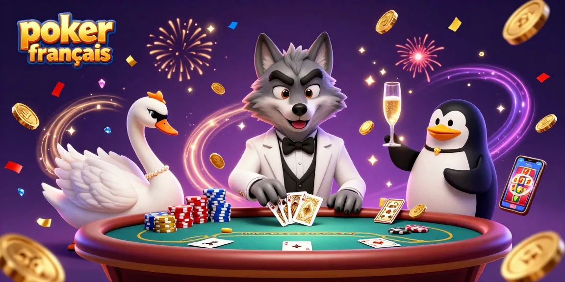Jouez au poker francais avec des personnages amusants autour d'une table, entourés de pièces d'or et de jetons colorés.
