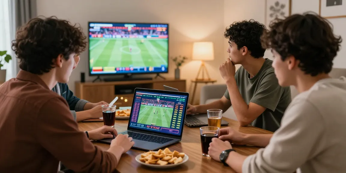 Friends enjoying newbet4d online betting experience in a cozy living room with snacks and live sports.