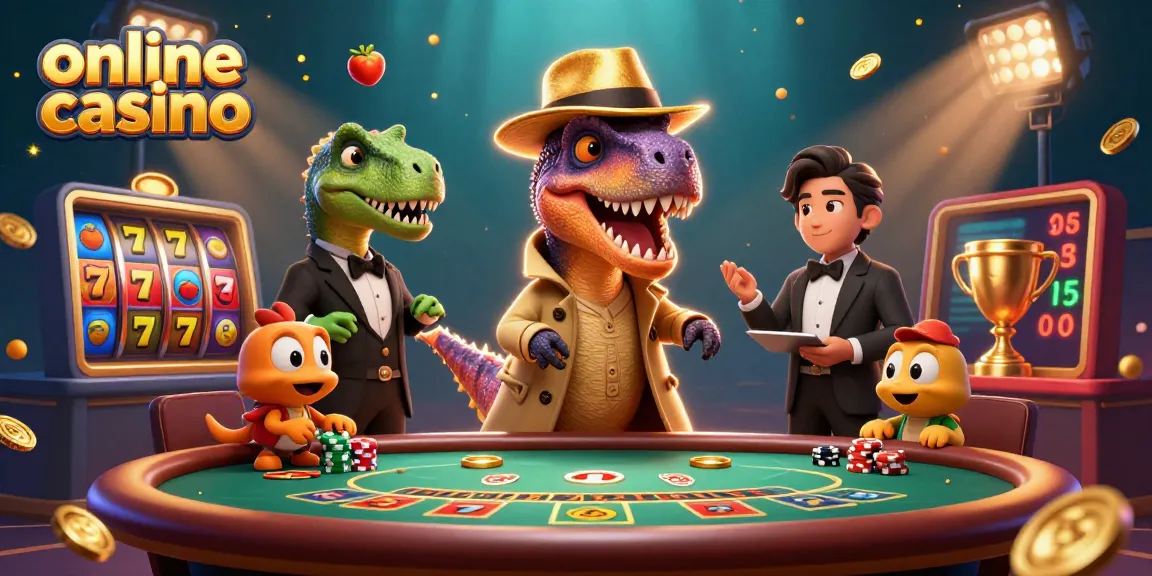 Gioca ai migliori giochi di casino online con un velociraptor e un pit boss in un'atmosfera vivace e dinamica.