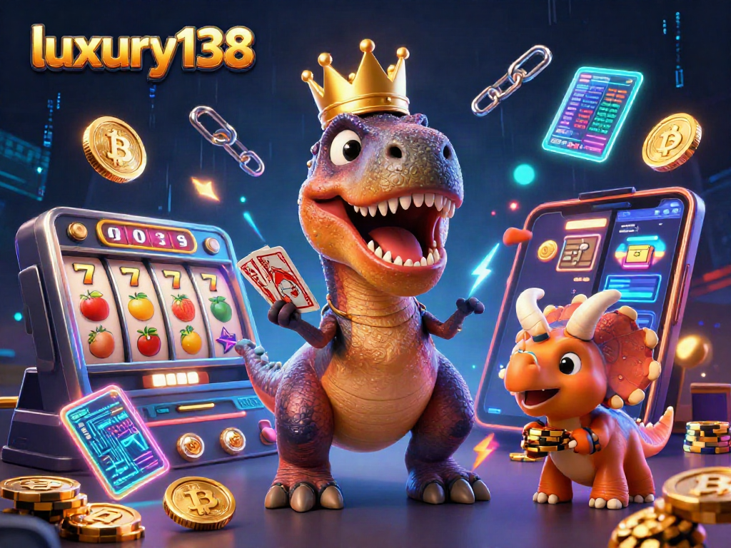 Bermain di luxury138, dinosaurus lucu mengocok kartu sambil dek chip emas menumpuk.