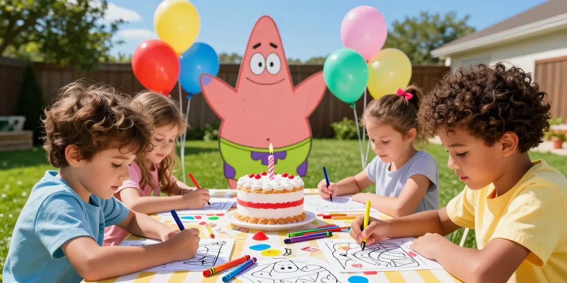 Kids learn creativity while coloring Patrick Star pages outdoors at a fun birthday party.