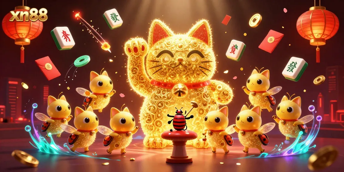 Engage with exhilarating gameplay at xn88 with a vibrant lucky cat illustration amidst casino symbols.