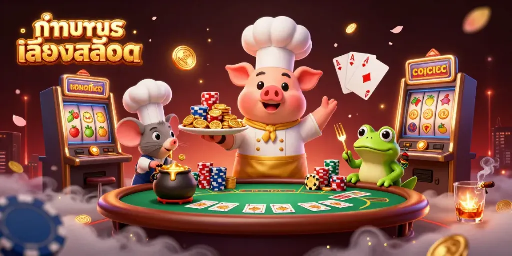 ภาพการทดลองเล่นสล็อตที่มีตัวละครหมูเชฟ 3D เสิร์ฟเหรียญทอง
