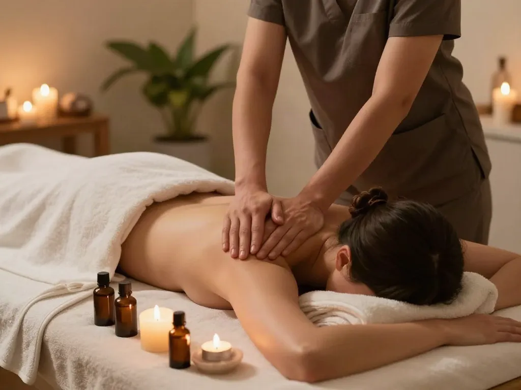 광명출장마사지 session with therapist and calming environment featuring essential oils and soft lighting.