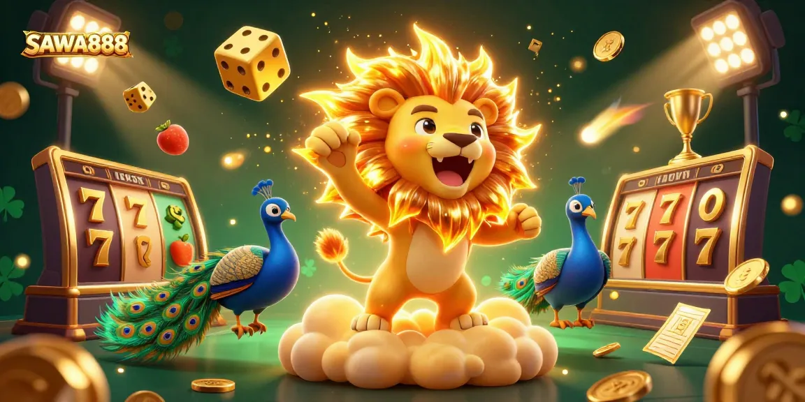 Experience thrilling slots and excitement with SAWA888 amidst golden reels and vibrant casino elements.