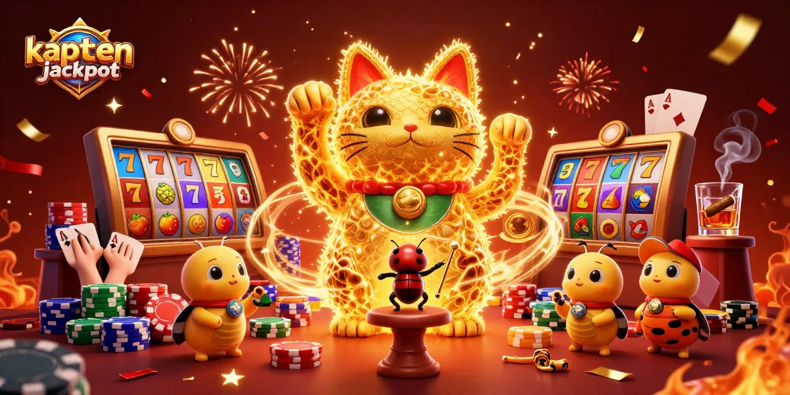 Experience the thrill of kaptenjackpot with a vibrant 3D scene of a lucky cat in a casino.