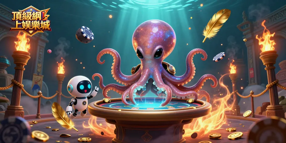 在頂級網上娛樂城中,3D卡通外星章魚操作著浮動的全息撲克桌,樂趣無窮。