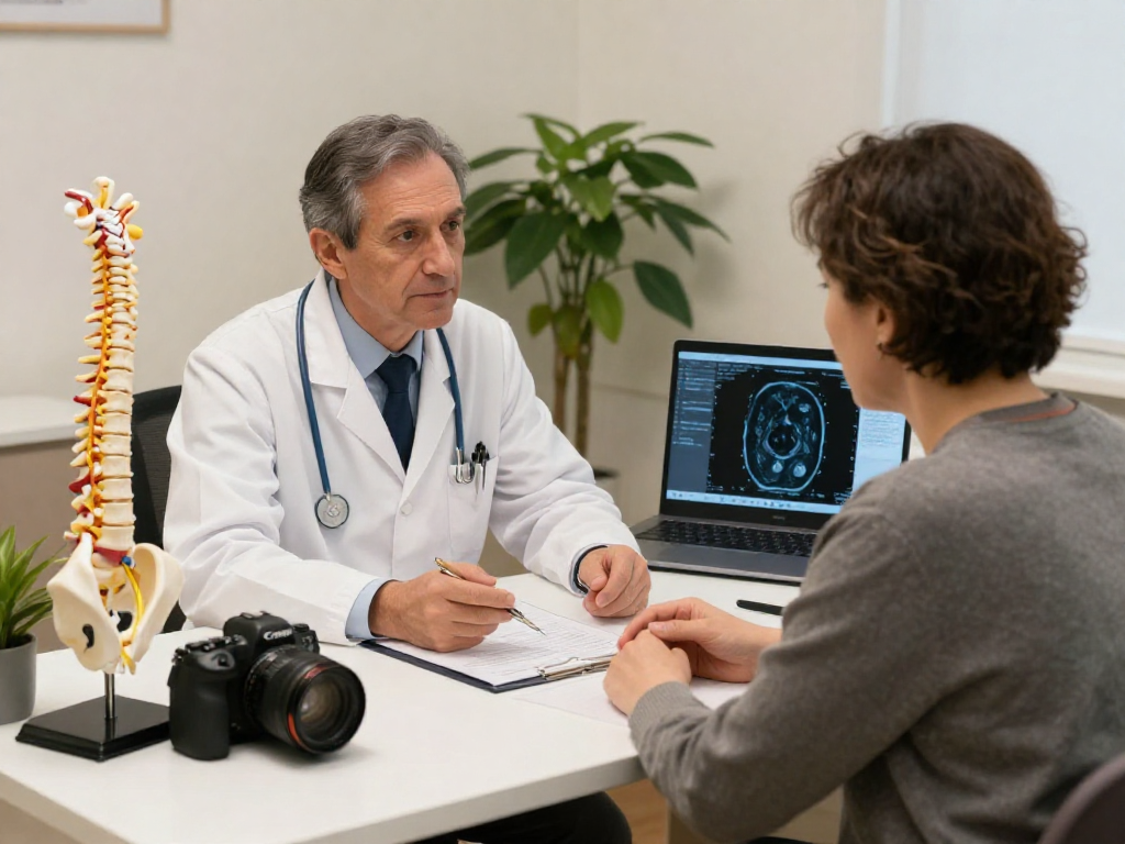 Boyun fıtığı ameliyatı consultation with doctor and patient discussing treatment.
