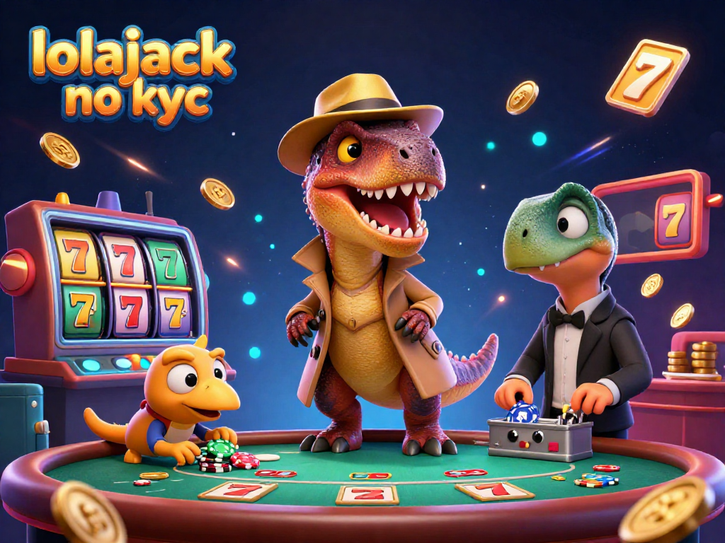 Betting at lolajack no kyc casino featuring a sly velociraptor card counter and busy slot machines.