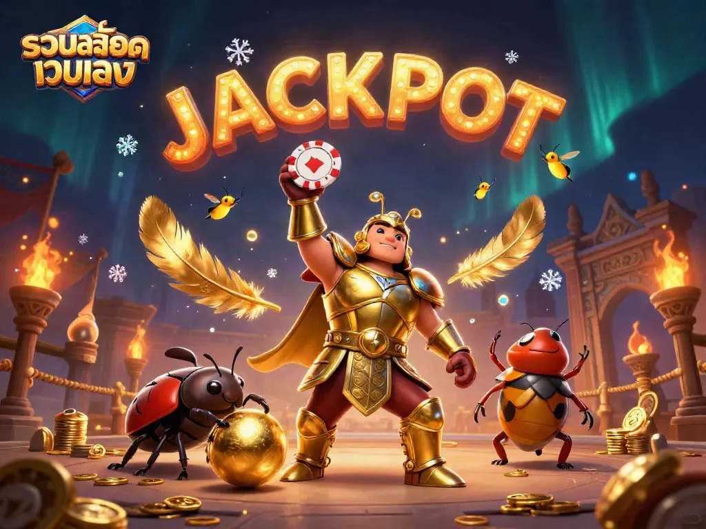 Play thrilling slots in รวมสล็อตเว็บตรง with a victorious hercules beetle in epic gambling scene.