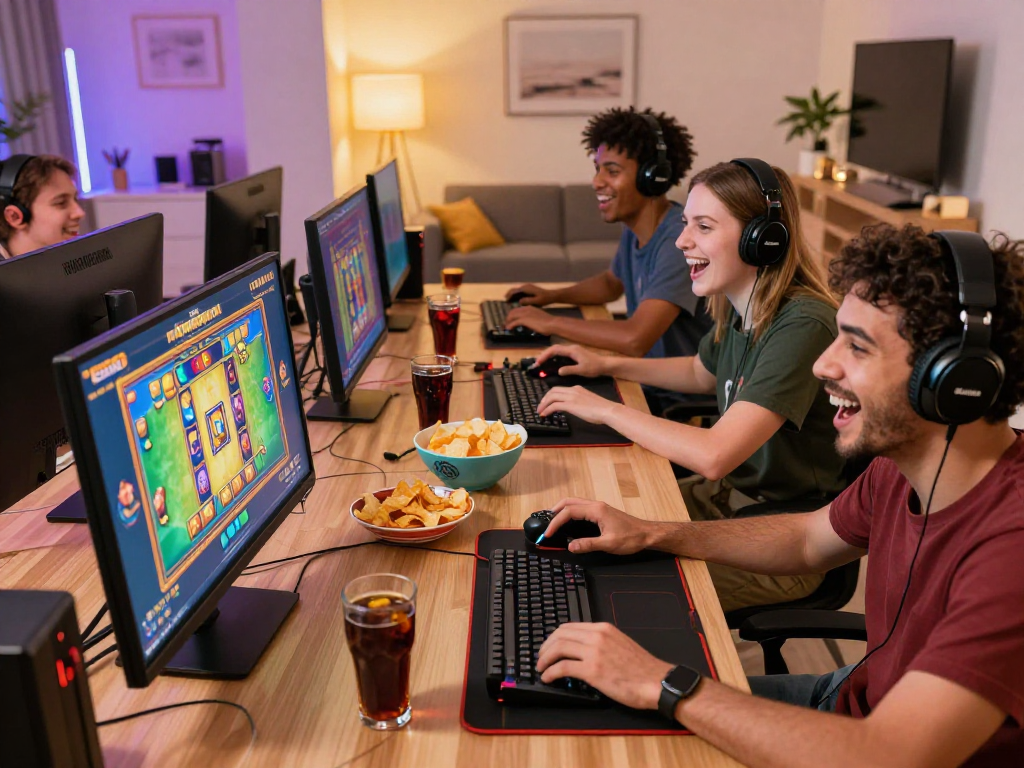 Diverse friends enjoying online gaming with bonus cashback slot rewards