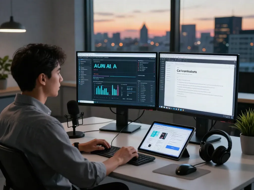 Strategist analyzing AI generated calls to action in a modern workspace