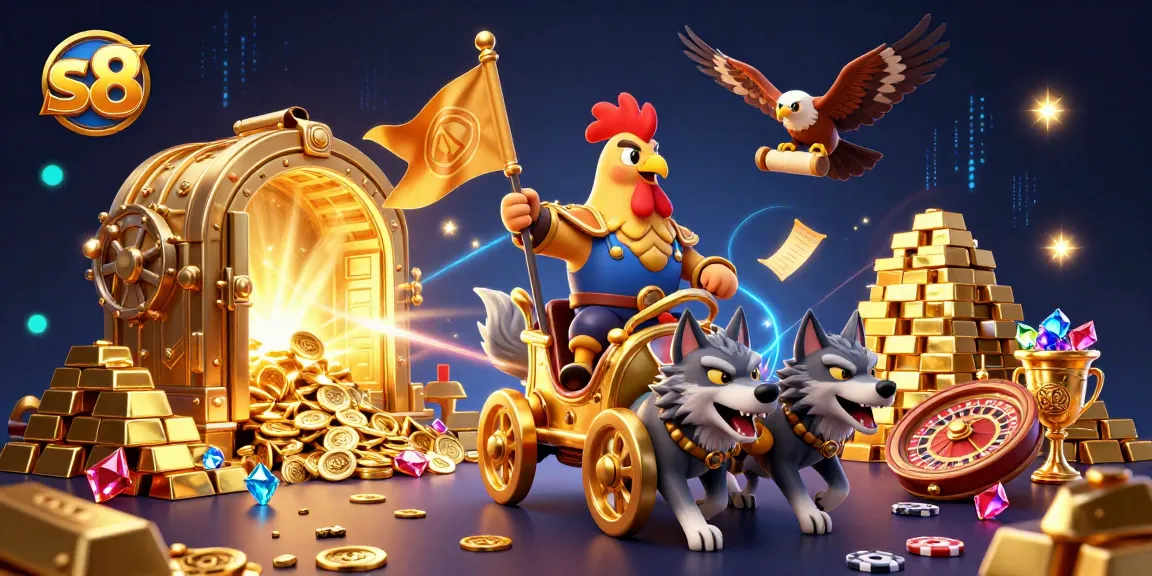 Experience thrilling casino games like s8 with a vibrant 3D illustration featuring a rooster warlord and gold.